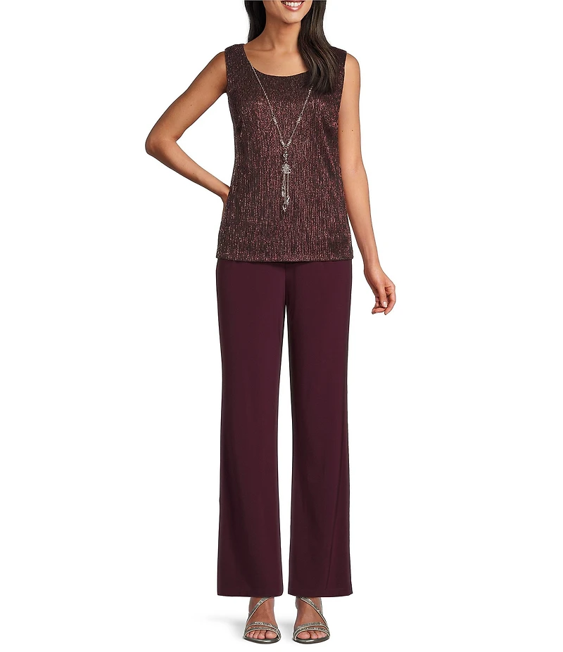 R & M Richards Petite Size Pleated Metallic Scoop Neck 3/4 Sleeve 2-Piece Pant Set