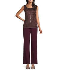 R & M Richards Petite Size Pleated Metallic Scoop Neck 3/4 Sleeve 2-Piece Pant Set