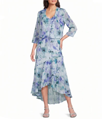 R & M Richards Petite Size Printed Lurex Chiffon Bolero High Low Ruffle Hem Jacket Dress
