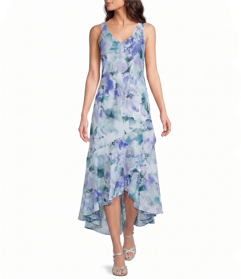 R & M Richards Petite Size Printed Lurex Chiffon Bolero High Low Ruffle Hem Jacket Dress