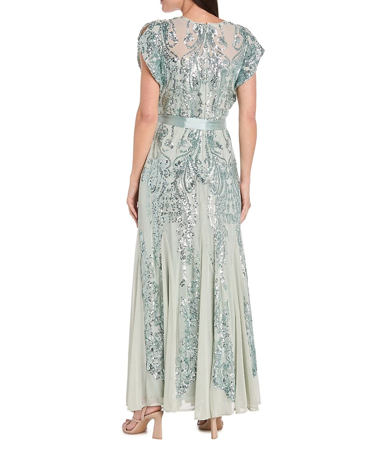 R & M Richards Petite Size Sequin Beaded Mesh Crew Neck Cap Sleeve Self Tie-Sash Sheath Dress