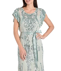 R & M Richards Petite Size Sequin Beaded Mesh Crew Neck Cap Sleeve Self Tie-Sash Sheath Dress