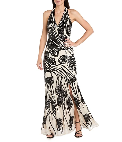 R & M Richards Petite Size Sequin Floral Mesh Halter V-Neck Side Slit Sheath Dress