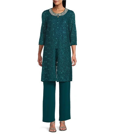 R & M Richards Petite Size Sequin Lace Duster 3-Piece Pant Set