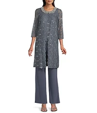 R & M Richards Petite Size Sequin Lace Duster 3-Piece Pant Set