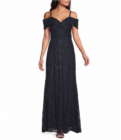 R & M Richards Petite Size Sequin Lace Off-The-Shoulder Portrait Collar Long Mermaid Dress