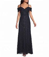 R & M Richards Petite Size Sequin Lace Off-The-Shoulder Portrait Collar Long Mermaid Dress