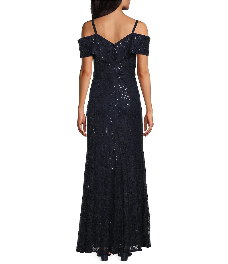 R & M Richards Petite Size Sequin Lace Off-The-Shoulder Portrait Collar Long Mermaid Dress