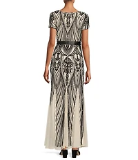R & M Richards Petite Size Short Sleeve Sweetheart Neck Sequin Panel Godet Embellished Dress