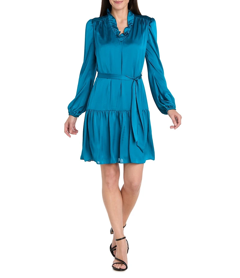 R & M Richards Petite Size Silky Satin Charmeuse Ruffle V-Neck Long Sleeve Belted Dress