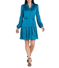 R & M Richards Petite Size Silky Satin Charmeuse Ruffle V-Neck Long Sleeve Belted Dress