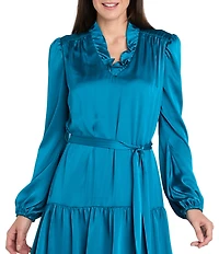 R & M Richards Petite Size Silky Satin Charmeuse Ruffle V-Neck Long Sleeve Belted Dress