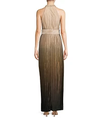 R & M Richards Petite Size Sleeveless Halter Neck Pleated Ombre Dress