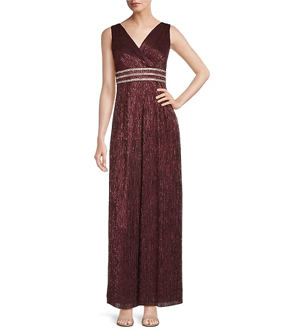 R & M Richards Petite Size Sleeveless Surplice V-Neck Pleated Crinkle Gown