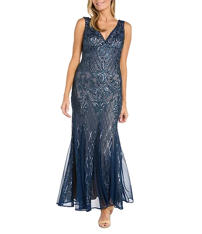 R & M Richards Petite Size Sleeveless V-Neck Godet Skirt Embellished Long Sequin Gown