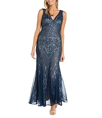 R & M Richards Petite Size Sleeveless V-Neck Godet Skirt Embellished Long Sequin Gown