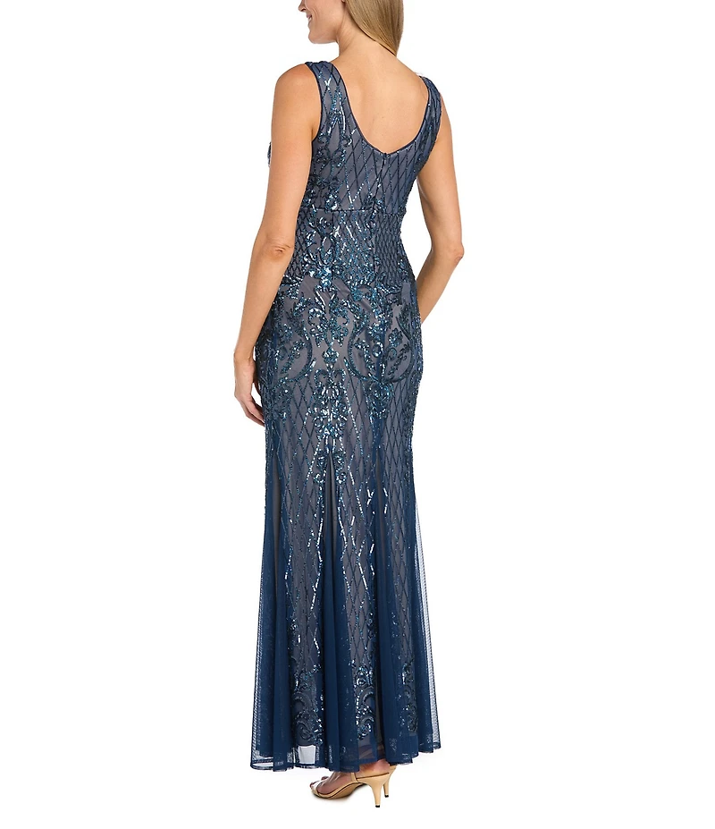 R & M Richards Petite Size Sleeveless V-Neck Godet Skirt Embellished Long Sequin Gown
