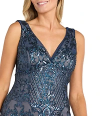 R & M Richards Petite Size Sleeveless V-Neck Godet Skirt Embellished Long Sequin Gown