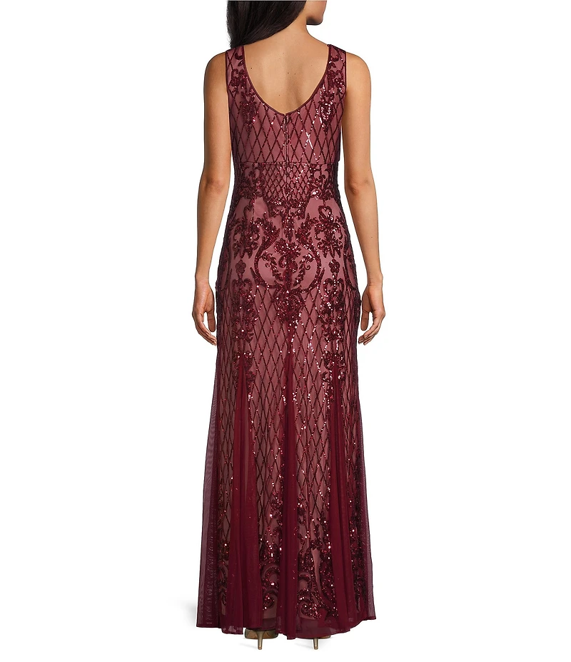 R & M Richards Petite Size Sleeveless V-Neck Godet Skirt Embellished Long Sequin Gown