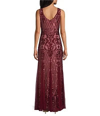 R & M Richards Petite Size Sleeveless V-Neck Godet Skirt Embellished Long Sequin Gown