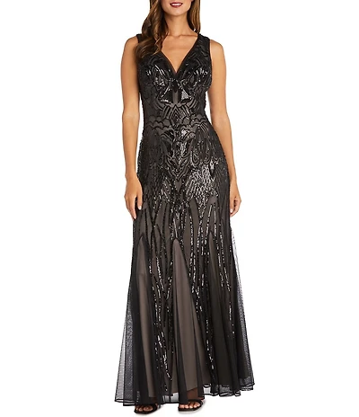 R & M Richards Petite Size Sleeveless V-Neck Sequin Godet Skirt Maxi Dress