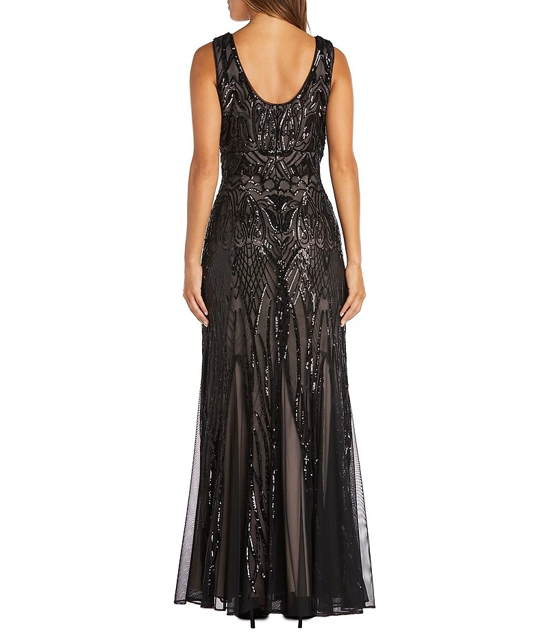 R & M Richards Petite Size Sleeveless V-Neck Sequin Godet Skirt Maxi Dress