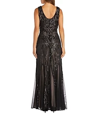 R & M Richards Petite Size Sleeveless V-Neck Sequin Godet Skirt Maxi Dress