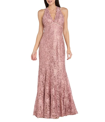 R & M Richards Petite Size Stretch Lace Racer Neck Scallop Rhinestone Trim Long Mermaid Dress