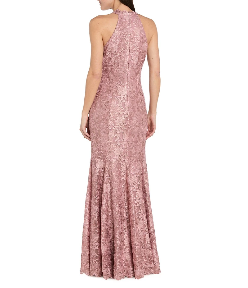 R & M Richards Petite Size Stretch Lace Racer Neck Scallop Rhinestone Trim Long Mermaid Dress