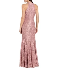 R & M Richards Petite Size Stretch Lace Racer Neck Scallop Rhinestone Trim Long Mermaid Dress