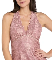 R & M Richards Petite Size Stretch Lace Racer Neck Scallop Rhinestone Trim Long Mermaid Dress