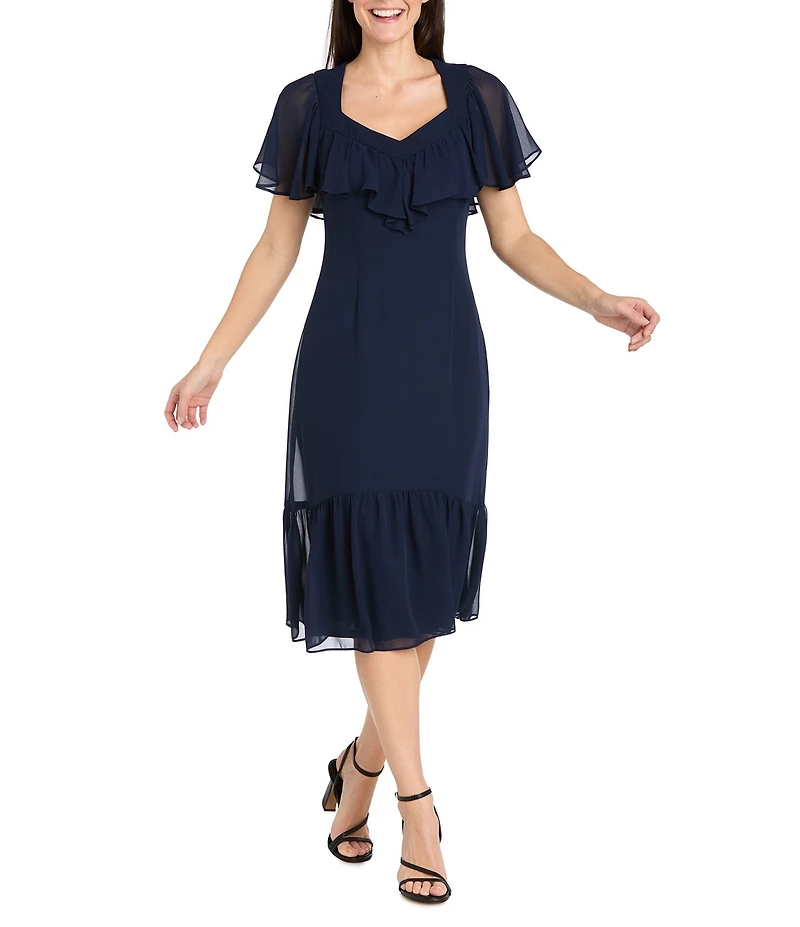 R & M Richards Petite Size Sweetheart Neck Drop Waist Midi Dress