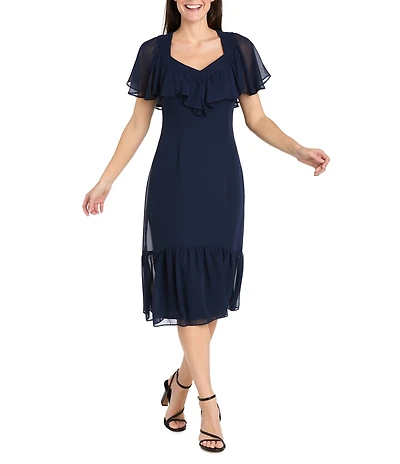 R & M Richards Petite Size Sweetheart Neck Drop Waist Midi Dress