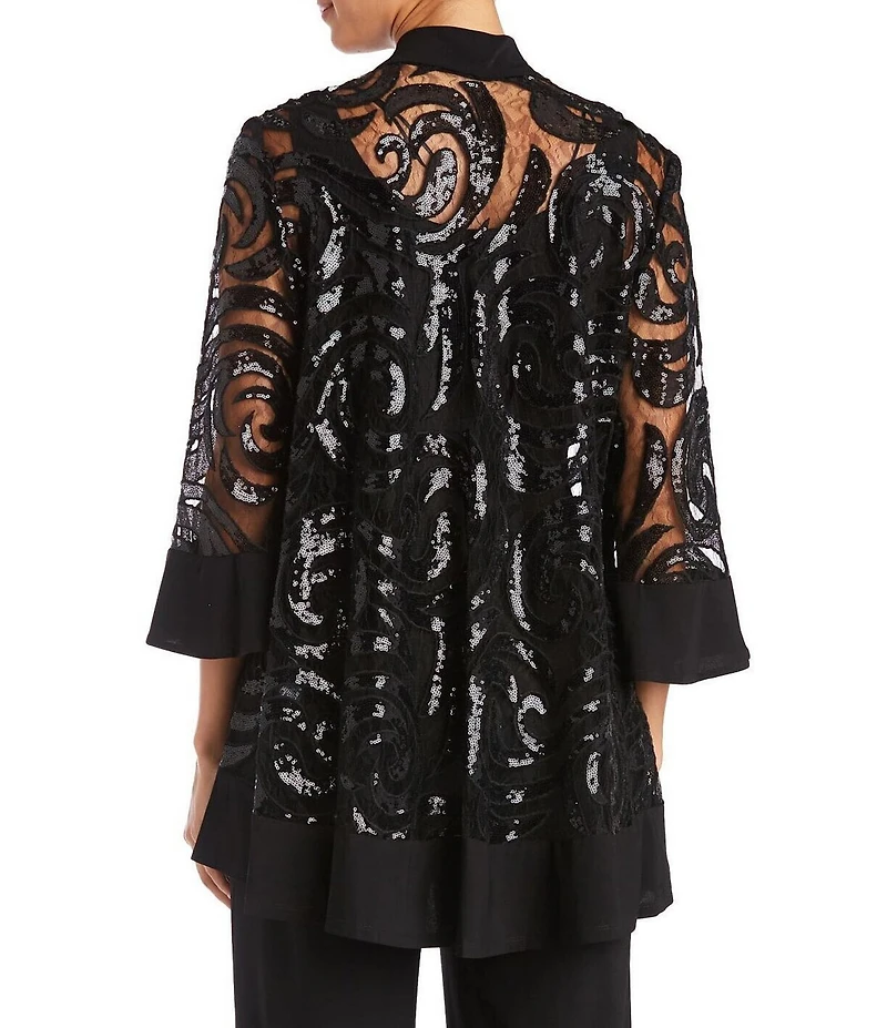 R & M Richards Petite Size Swirl Sequin Scoop Neck 3/4 Sleeve Jacket 3-Piece Set