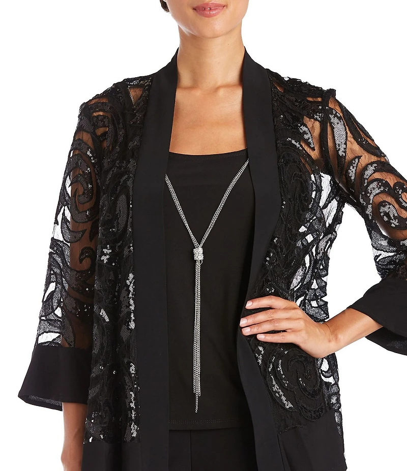 R & M Richards Petite Size Swirl Sequin Scoop Neck 3/4 Sleeve Jacket 3-Piece Set