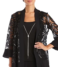 R & M Richards Petite Size Swirl Sequin Scoop Neck 3/4 Sleeve Jacket 3-Piece Set
