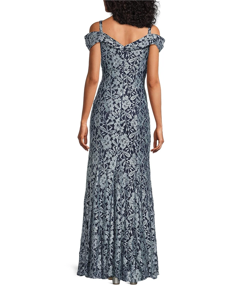 R & M Richards Petite Size Two Tone Floral Off-The-Shoulder Sweetheart Neck Glitter Lace Mermaid Gown