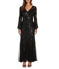R & M Richards Petite Size V-Neck Long Sleeve Embroidered Sequin Mesh Gown