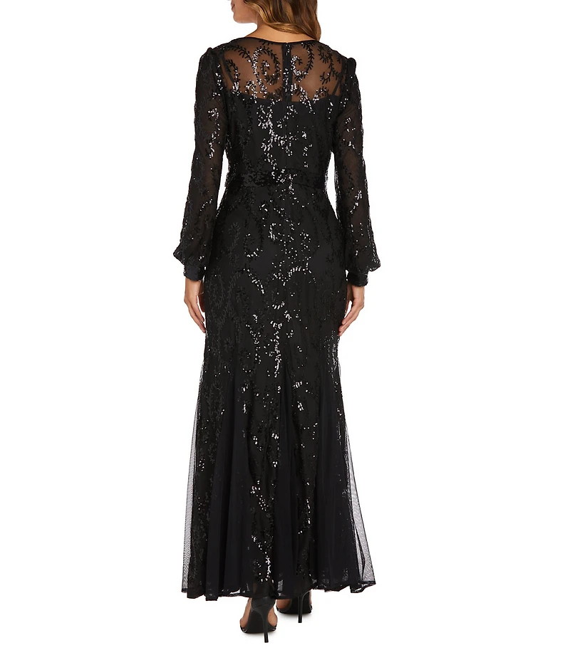 R & M Richards Petite Size V-Neck Long Sleeve Embroidered Sequin Mesh Gown