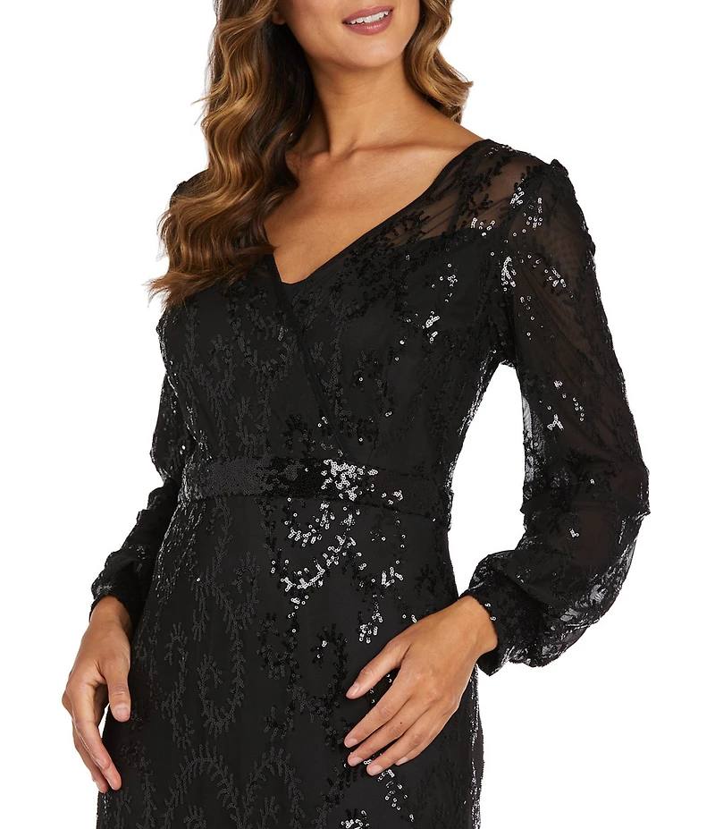 R & M Richards Petite Size V-Neck Long Sleeve Embroidered Sequin Mesh Gown