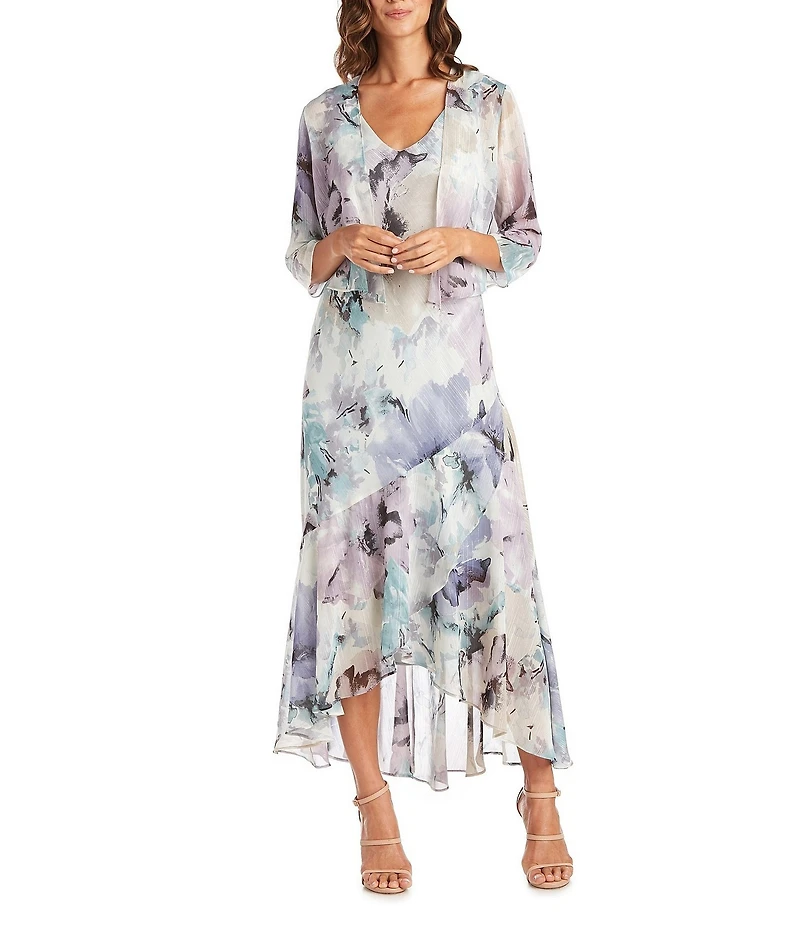 R & M Richards Petite Size Watercolor Floral Print Chiffon V-Neck 3/4 Sleeve 2-Piece Jacket Dress