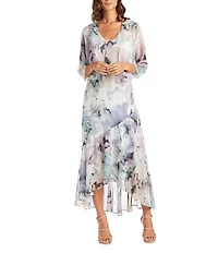 R & M Richards Petite Size Watercolor Floral Print Chiffon V-Neck 3/4 Sleeve 2-Piece Jacket Dress