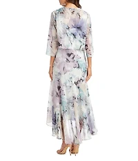 R & M Richards Petite Size Watercolor Floral Print Chiffon V-Neck 3/4 Sleeve 2-Piece Jacket Dress