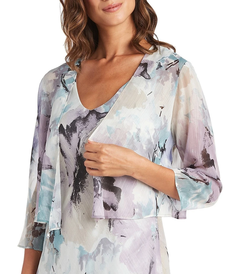 R & M Richards Petite Size Watercolor Floral Print Chiffon V-Neck 3/4 Sleeve 2-Piece Jacket Dress