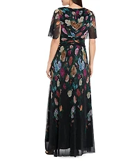 R & M Richards Pleated Foil Print Short Flutter Sleeve Sheer Crinkle Front Wrap Dress