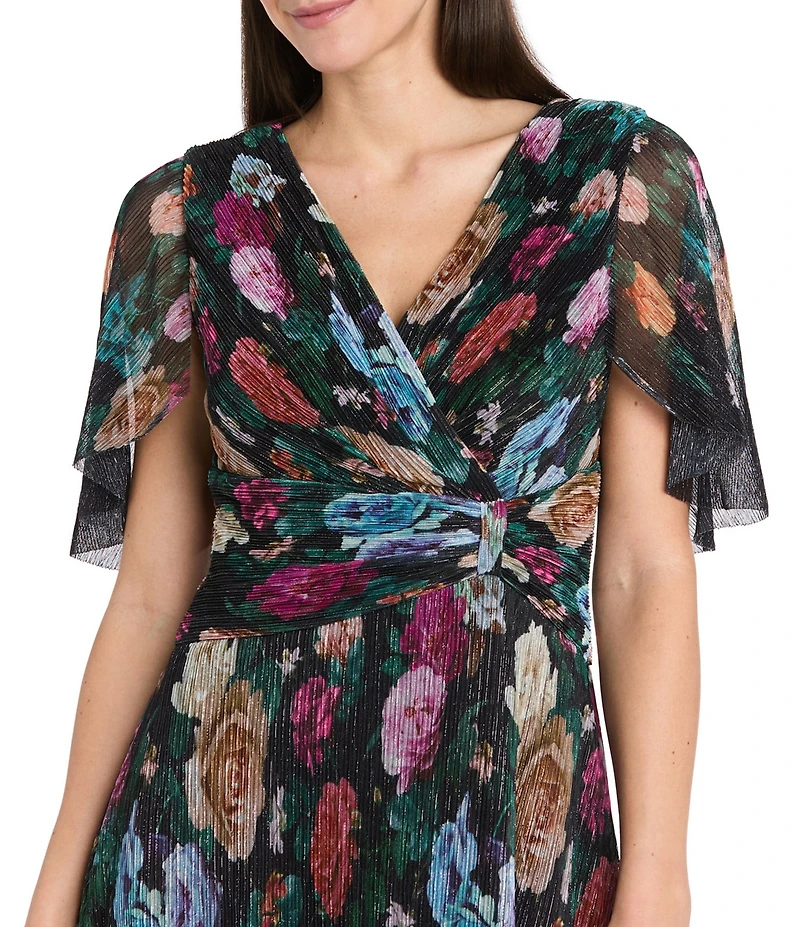 R & M Richards Pleated Foil Print Short Flutter Sleeve Sheer Crinkle Front Wrap Dress