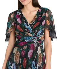 R & M Richards Pleated Foil Print Short Flutter Sleeve Sheer Crinkle Front Wrap Dress