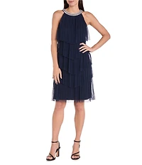 R & M Richards Pleated Mesh Rhinestone Round Neckline Sleeveless Tiered Sheath Dress