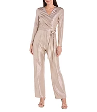 R & M Richards Pleated Metallic Foil Wrap V-Neck Long Sleeve Belted Jumpsuit