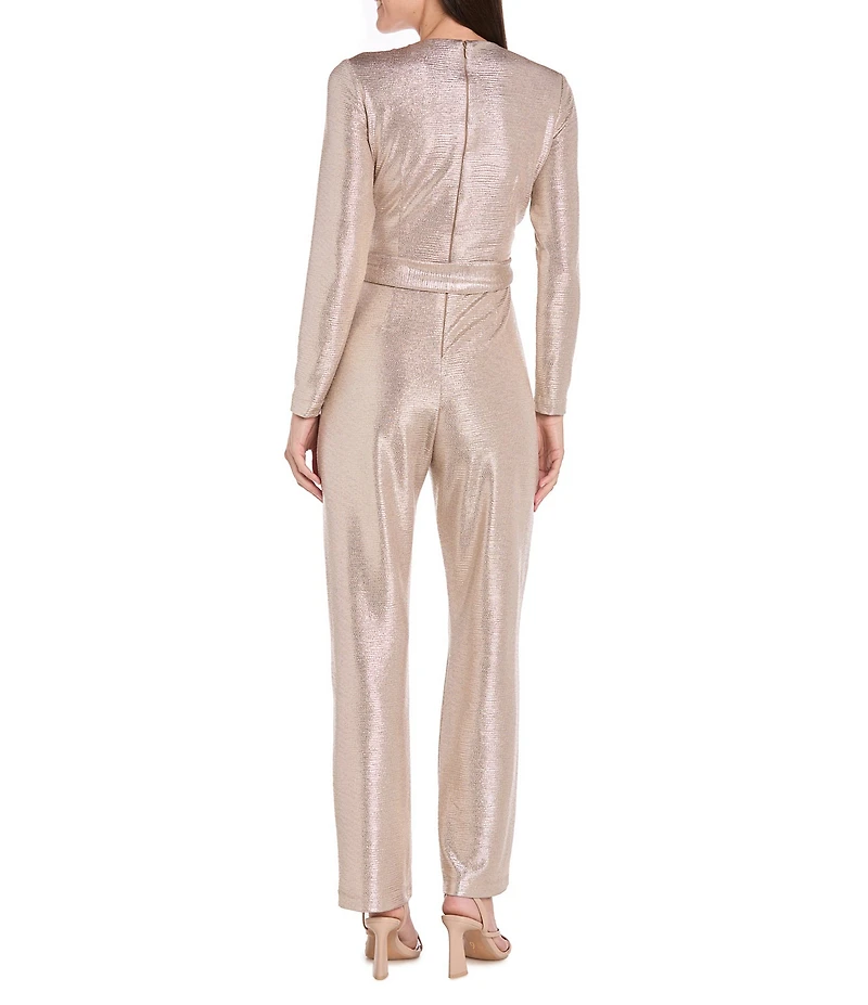 R & M Richards Pleated Metallic Foil Wrap V-Neck Long Sleeve Belted Jumpsuit